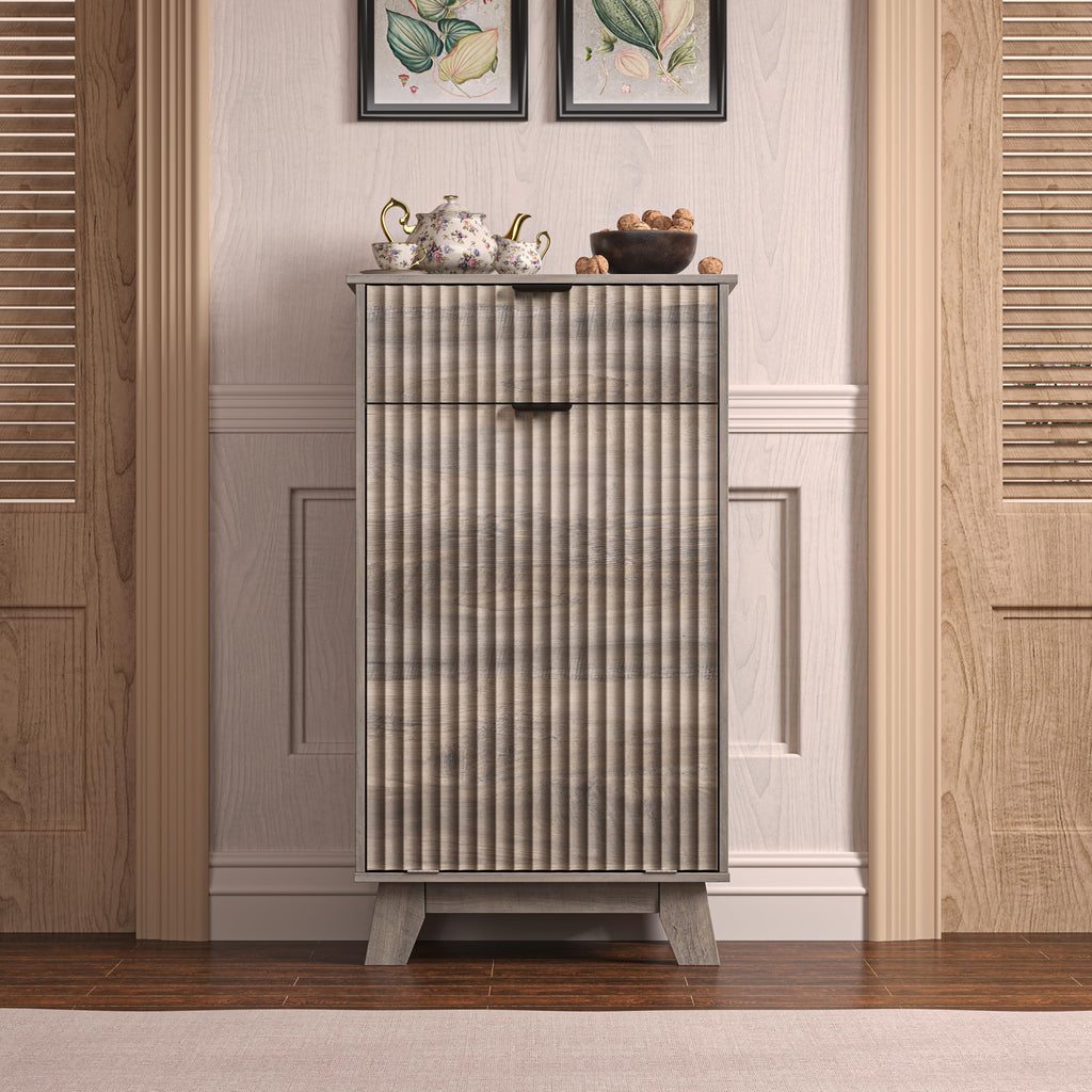 Tilt Out Laundry Hamper Cabinet with Storage and Drawer, 10 Gallon Fluted Hidden Trash Can Cabinet, Farmhouse Wood