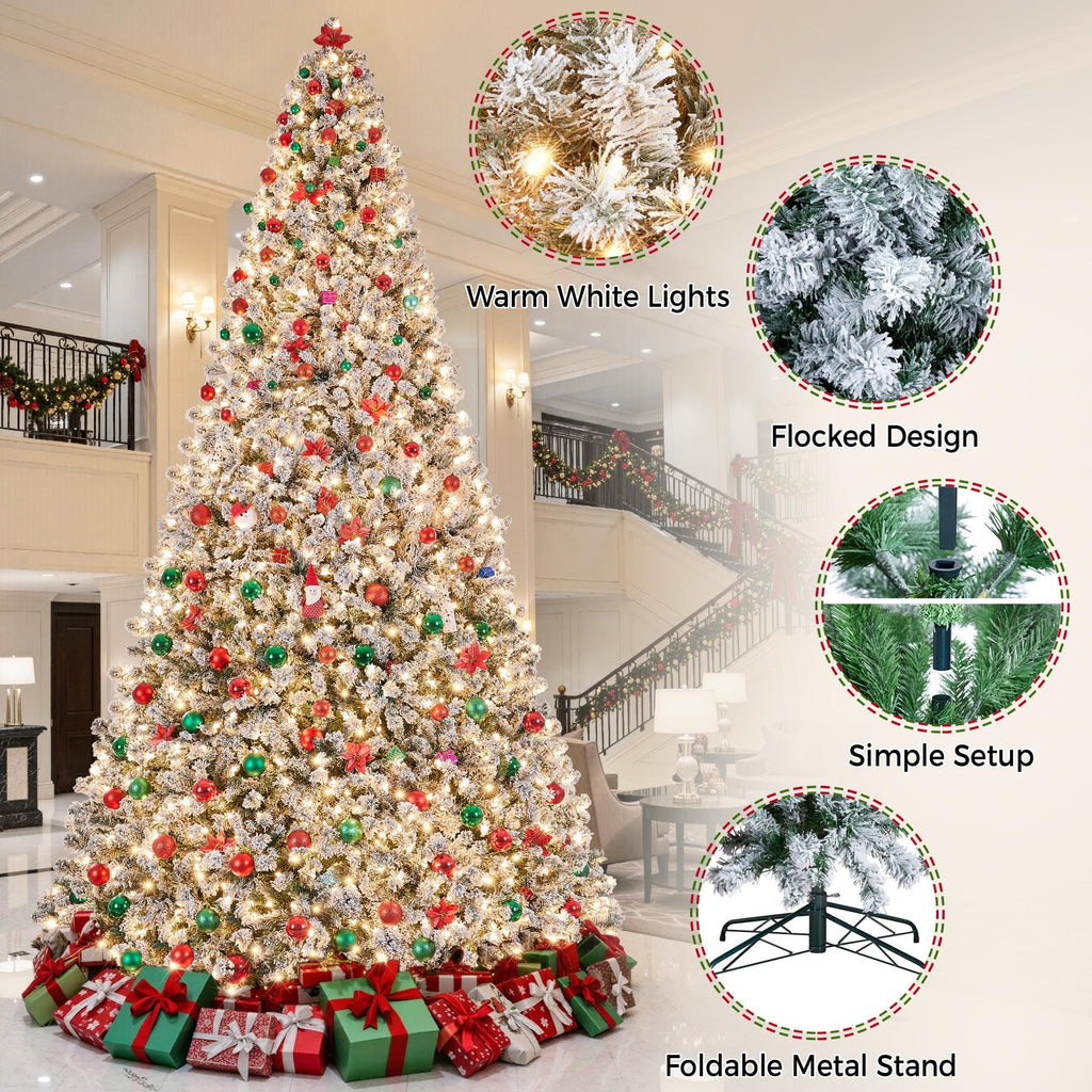 Pre-Lit Christmas Tree 12ft, Flocked Xmas Tree with Lights