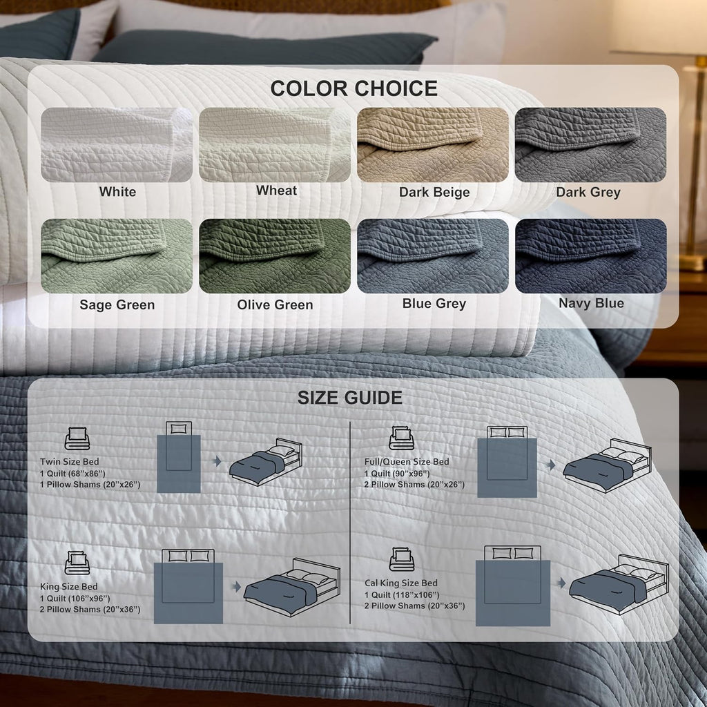 Striped Beige 100% Cotton Quilt King Bedding Sets, Lightweight Crinkly Channel Pick Stitch Textured Bedspread Soft