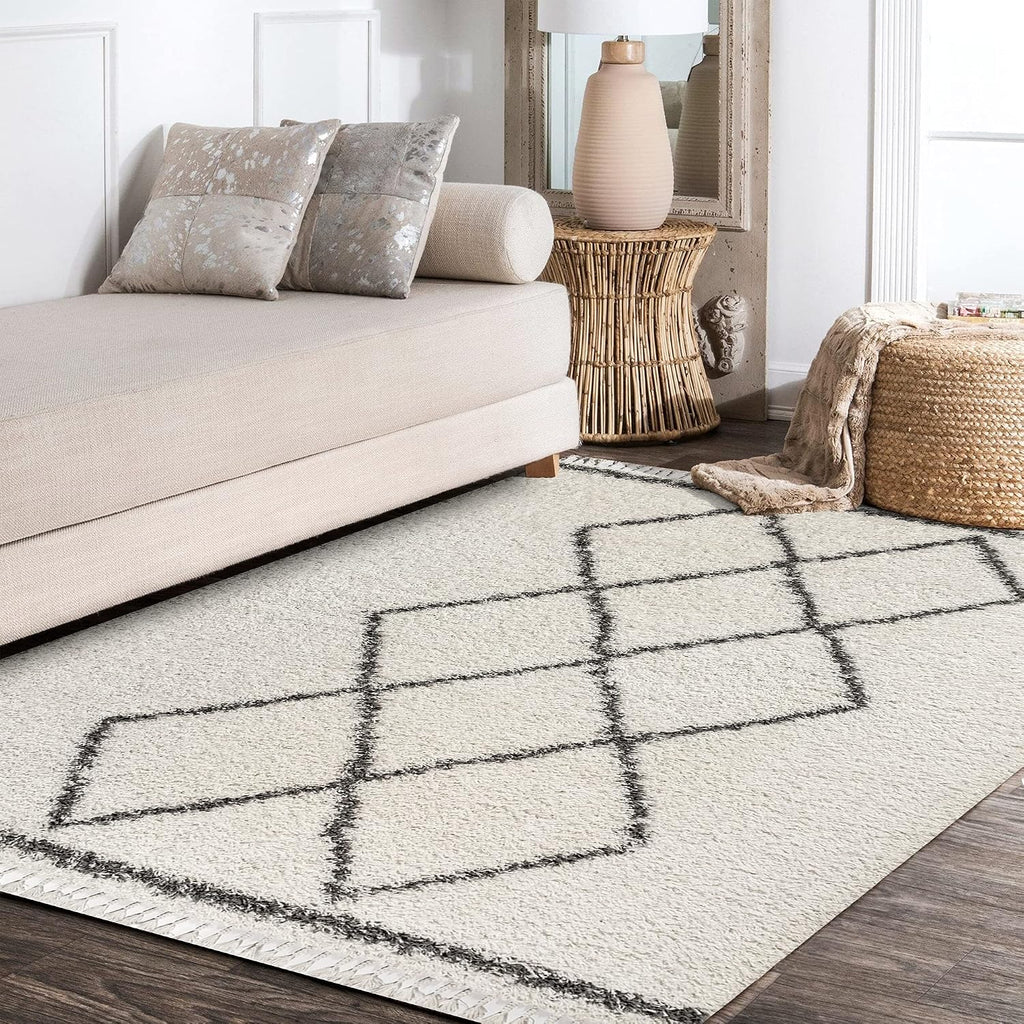 Mercer Shag Plush Tassel Cream/Gray Indoor Area Rug, Moroccan Geometric Trellis, Bohemian, Easy-Cleaning, Pet