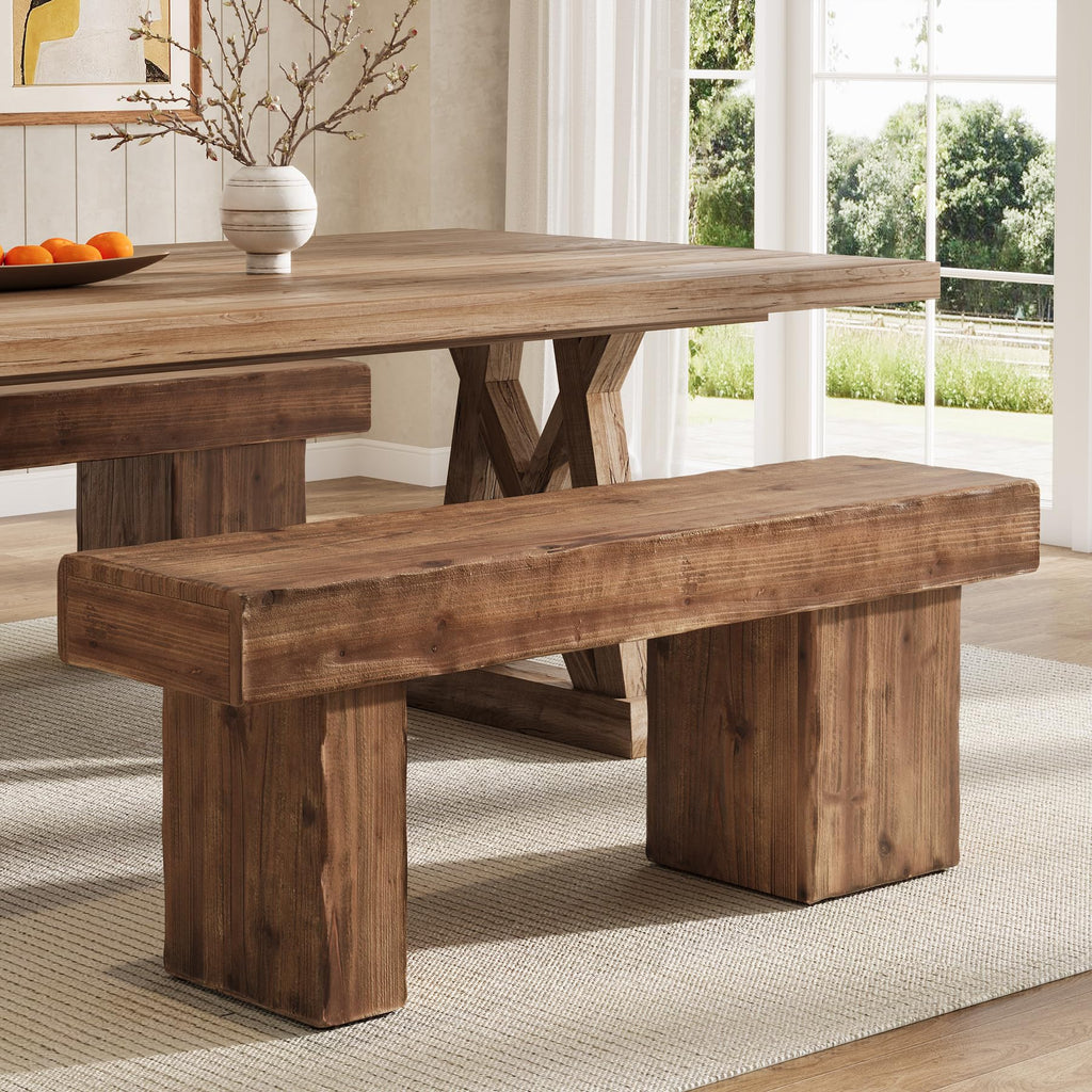 Thickened Solid Wood Bench, 47" Rustic Farmhouse Entryway Bench with Artistic Legs, Heavy Duty Dining Bench, End of