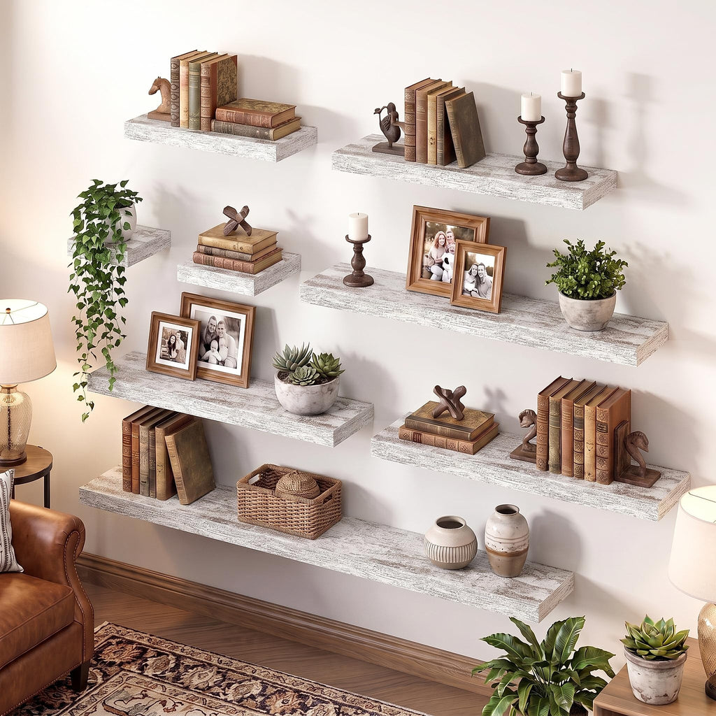 32" Floating Shelves for Wall, Wooden Wall Shelf, 2 Pack, Rustic White