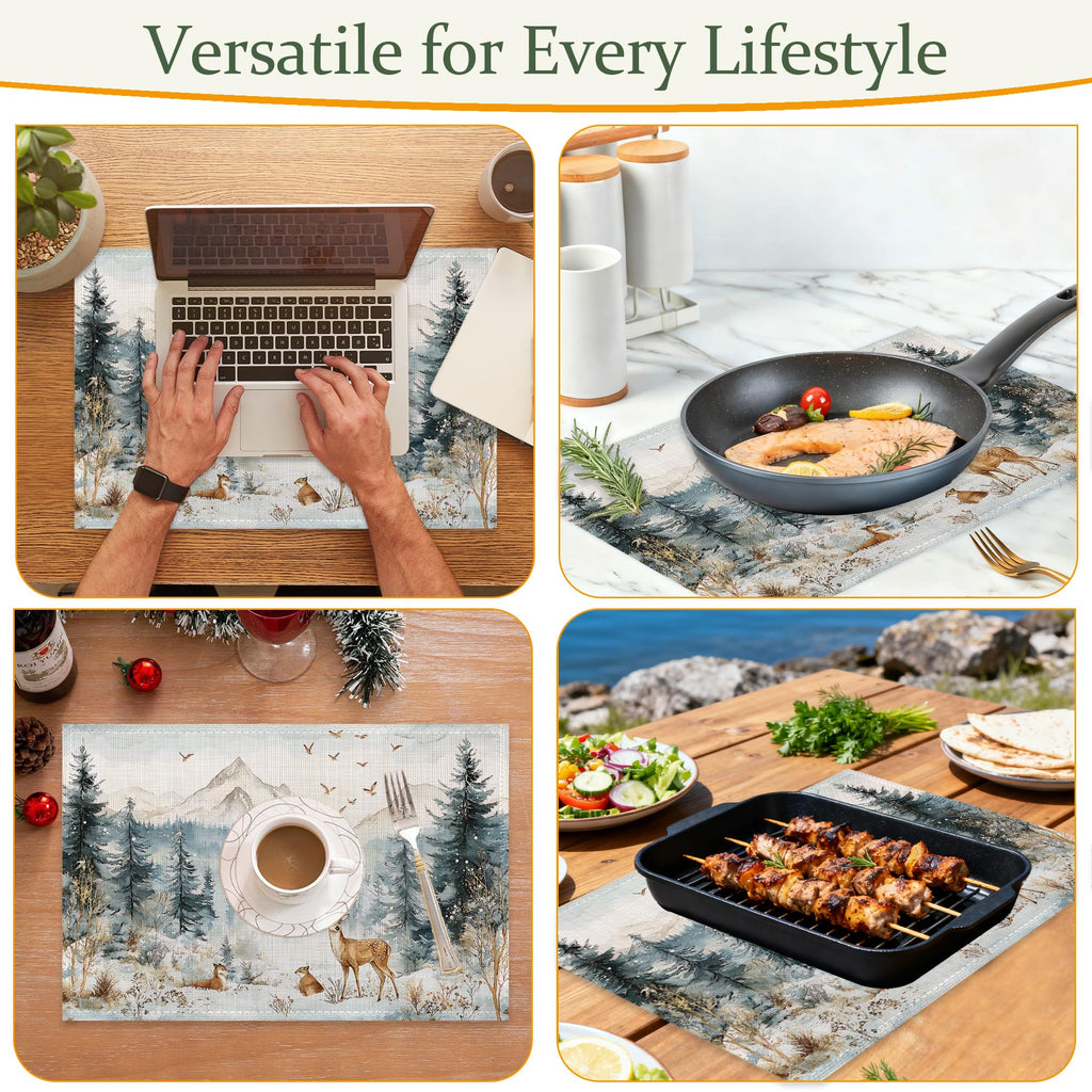 Winter Forest Fabric Placemats,Cute Deer Snow Mountain Table Placemats Set of 6 Cloth Place Mats, Washable