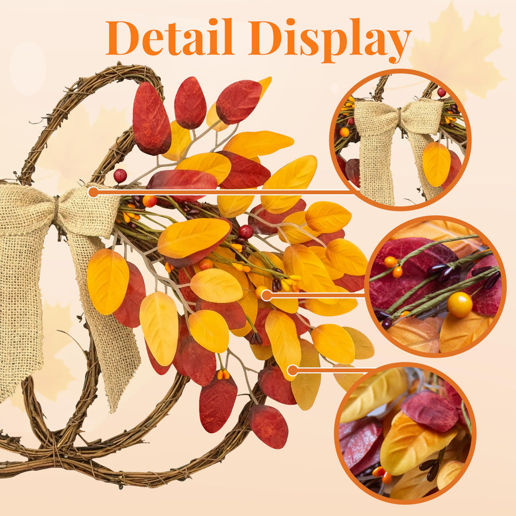Pumpkin Fall Wreath for Front Door Outside with Bow & Colorful Leaves