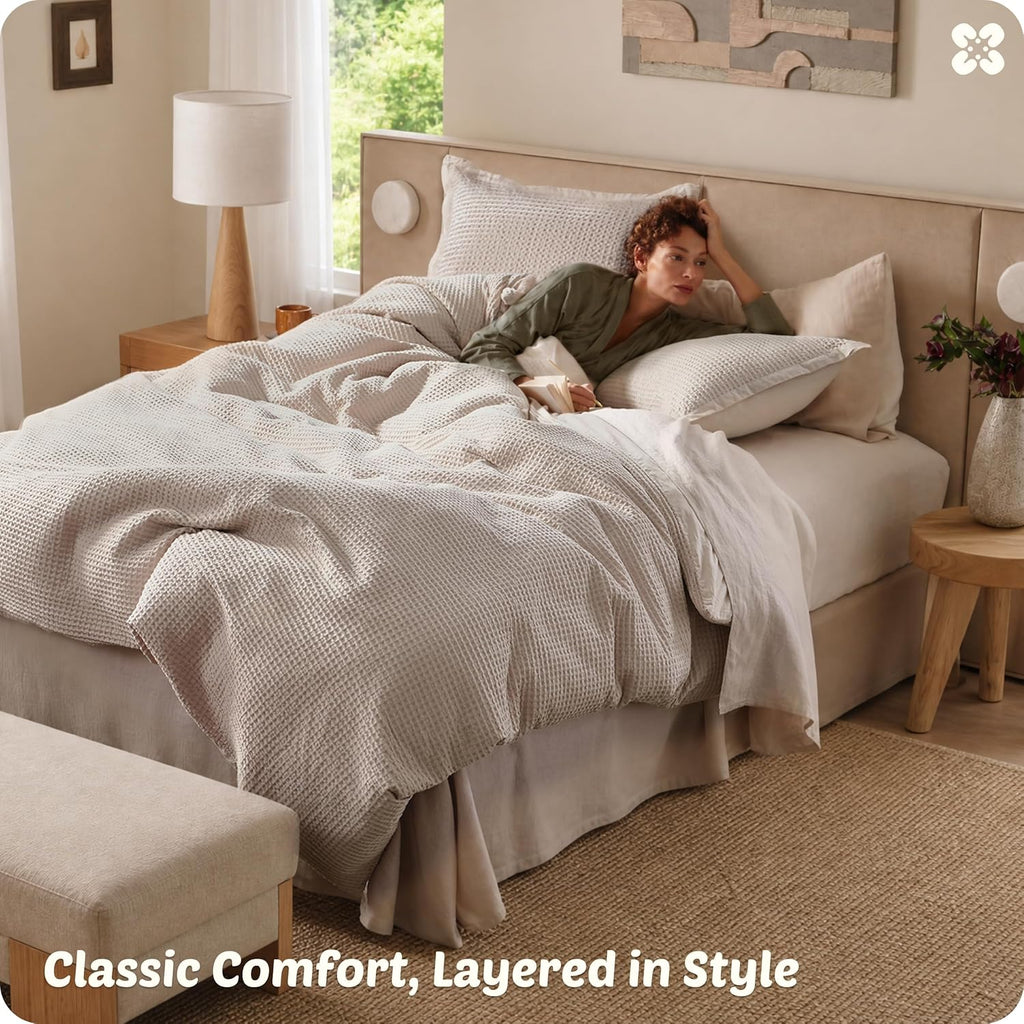 Cotton Duvet Cover Queen - 100% Cotton Waffle Weave Linen Color Duvet Cover Queen, PureWoven Breathable Bedding Set