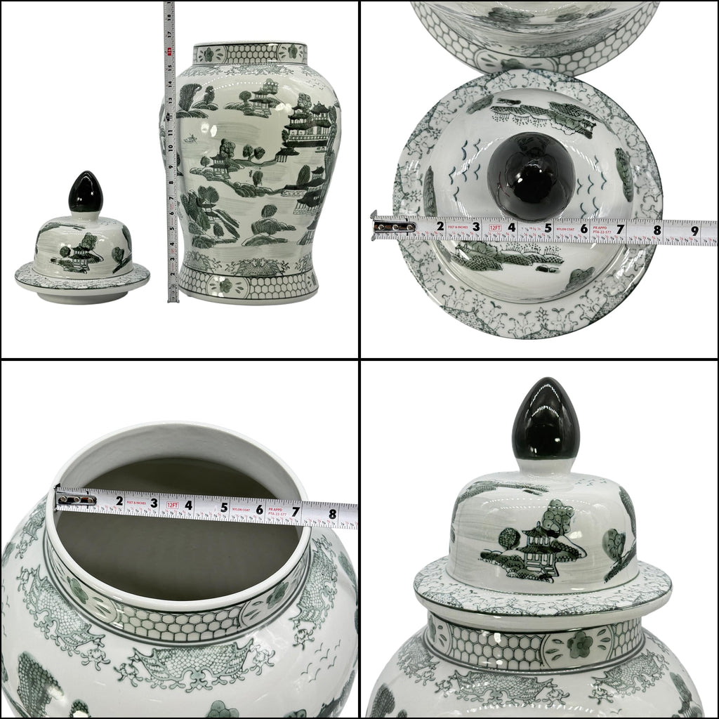 Large 25" Black & White Classic Landscape Chinoiserie Ceramic Temple Jar w/Lid - Ginger Jar Home & Kitchen Decor for