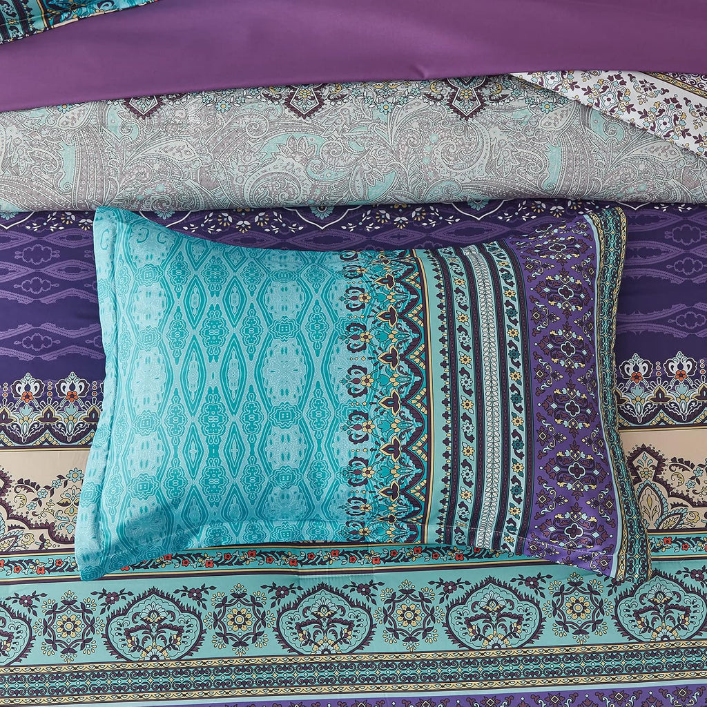 Cottolester Boho Comforter Set Queen 8 Piece Bed in a Bag Bohemian Striped Bedding Quilt Set Aqua Paisley Floral