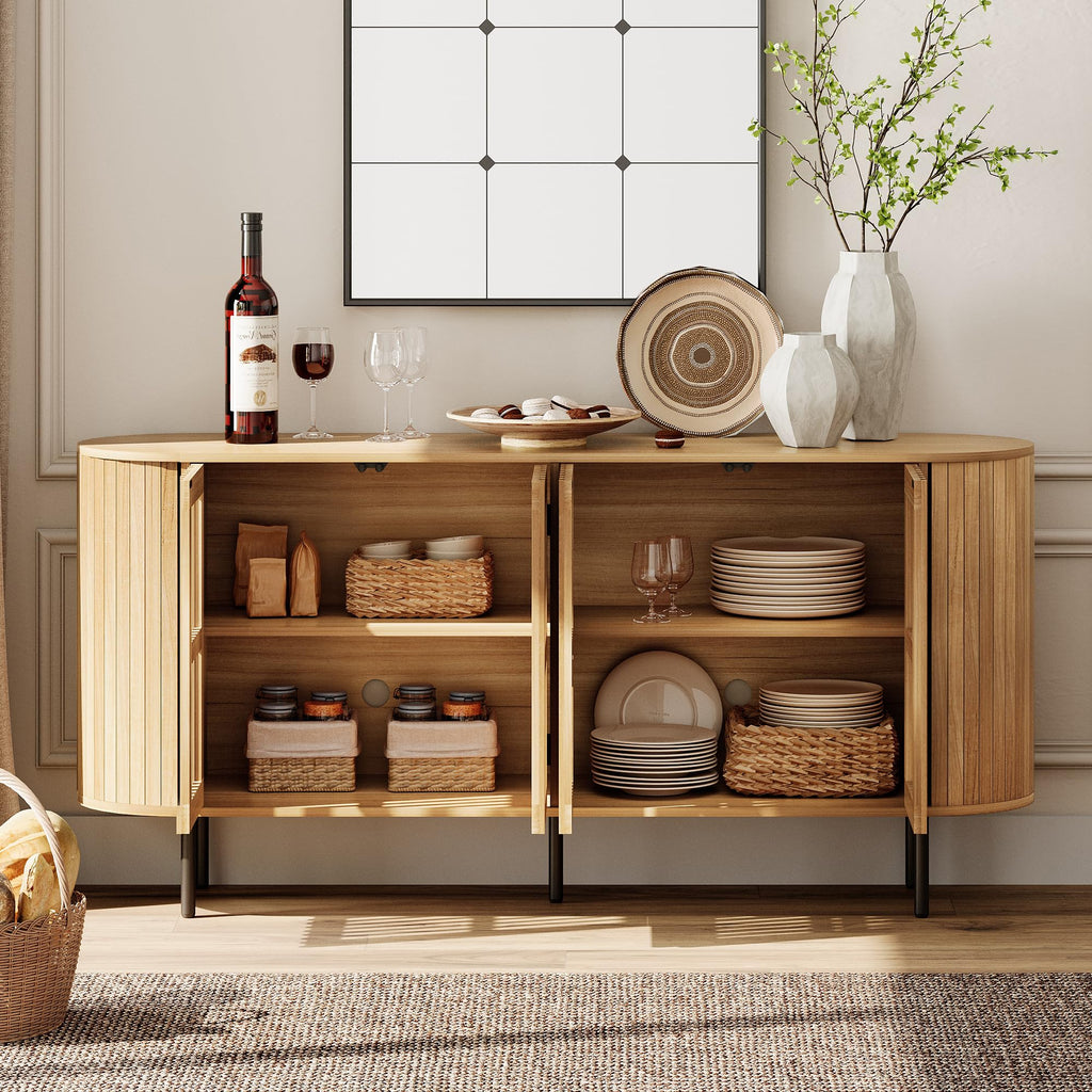Large Sideboard Buffet Cabinet with Storage, 65" Mid Century Modern Credenza Storage Cabinet with 4 Fluted Doors