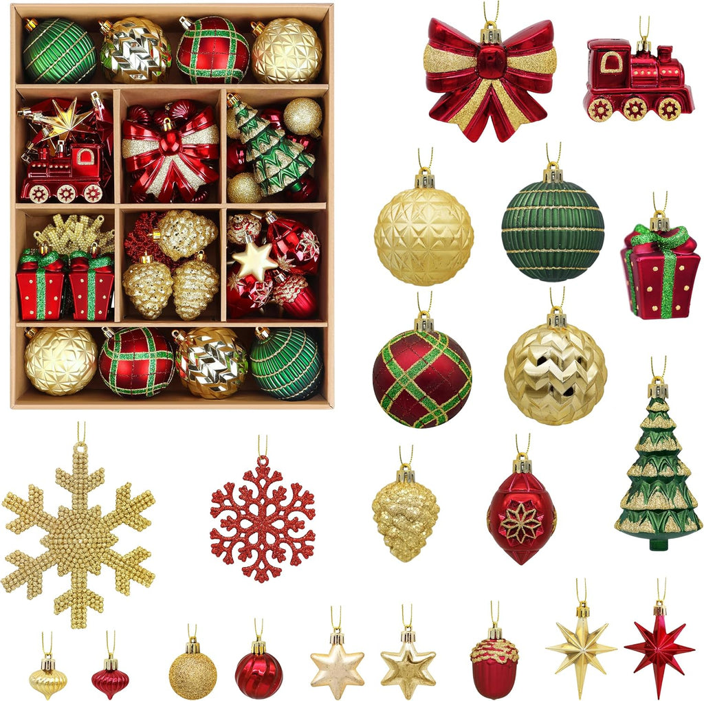 Classic Christmas Balls Ornaments Set, Red, Green and Gold - Set of 82