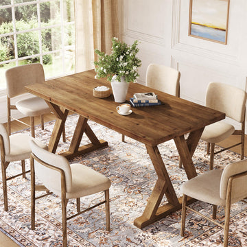 Solid Wood Dining Table for 4-6 People, 63 Inches Wooden Farmhouse Rectangular Kitchen Dinner Table with Heavy-Duty