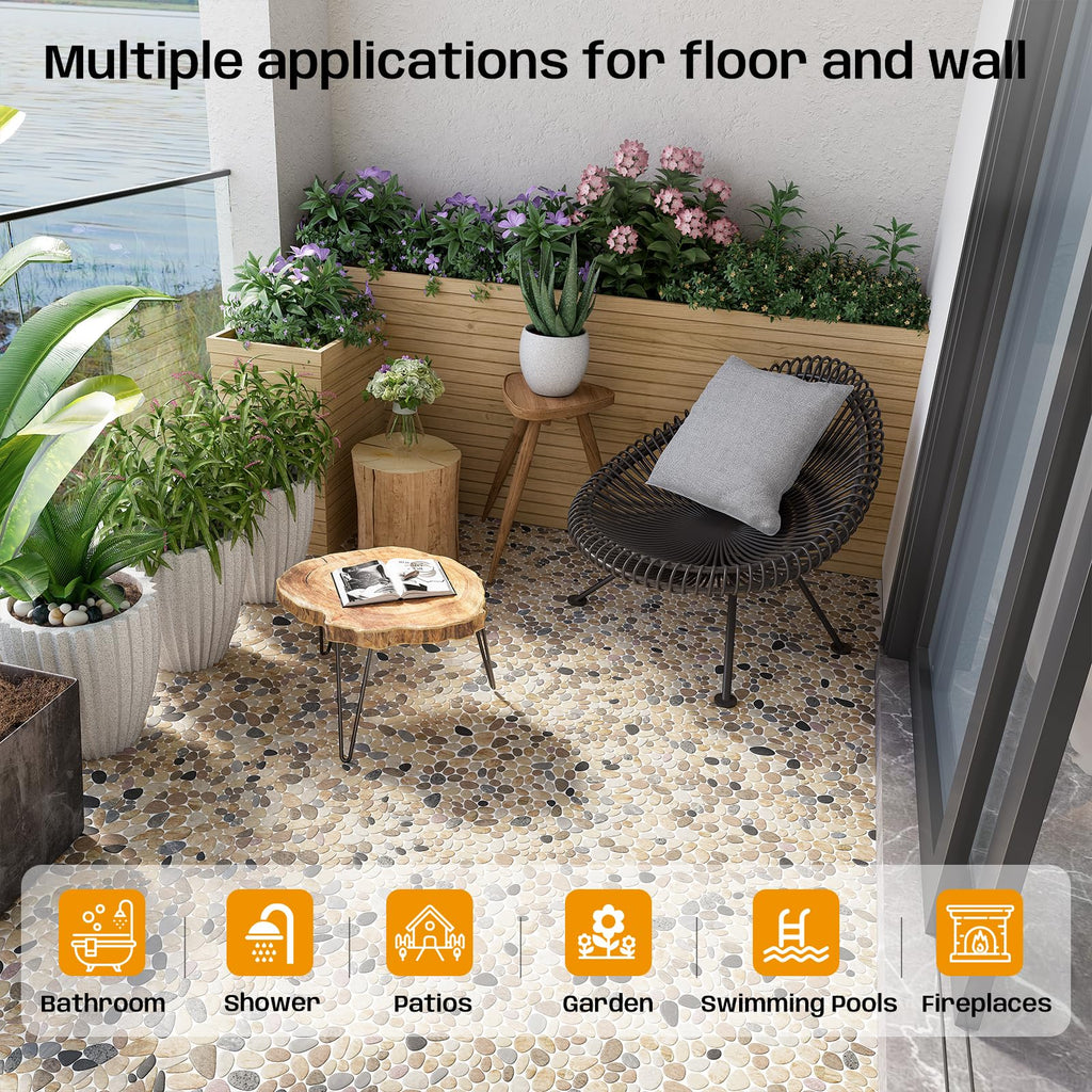 Pebble Tile for Shower Floor, Brown Sliced Pebble Mosaic Tile, 5 Pcs