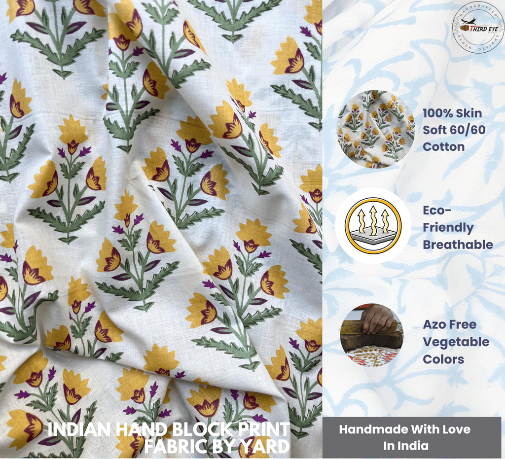 100% Cotton Fabric by the Yard, Hand Block Print Fabric for Sewing