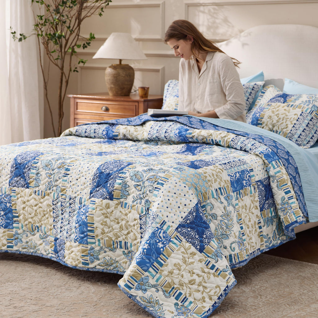 Patchwork Quilt, Reversible Boho Comforter Bedding, Blue