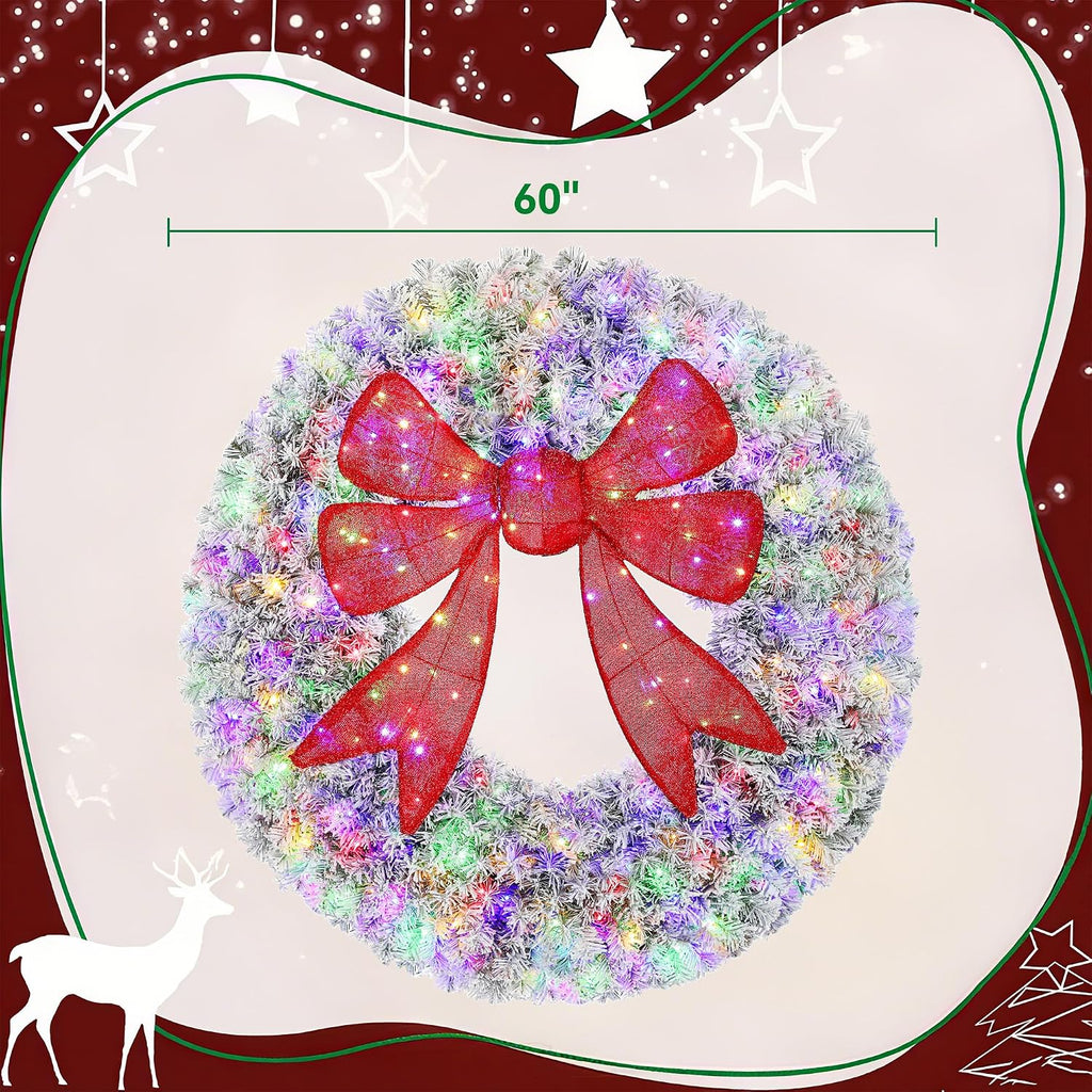 60in Flocked Pre-Lit Artificial Christmas Wreath with 3D Red Bow