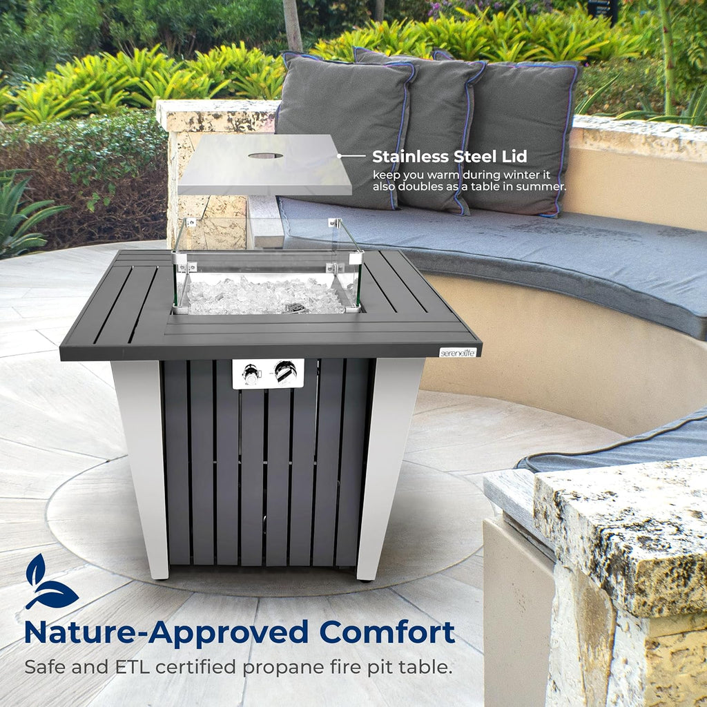 Propane Fire Pit Table with Sturdy Metal, Gas Pits with 50,000 BTU and Stainless Steel Fire Pan, Includes Decorative
