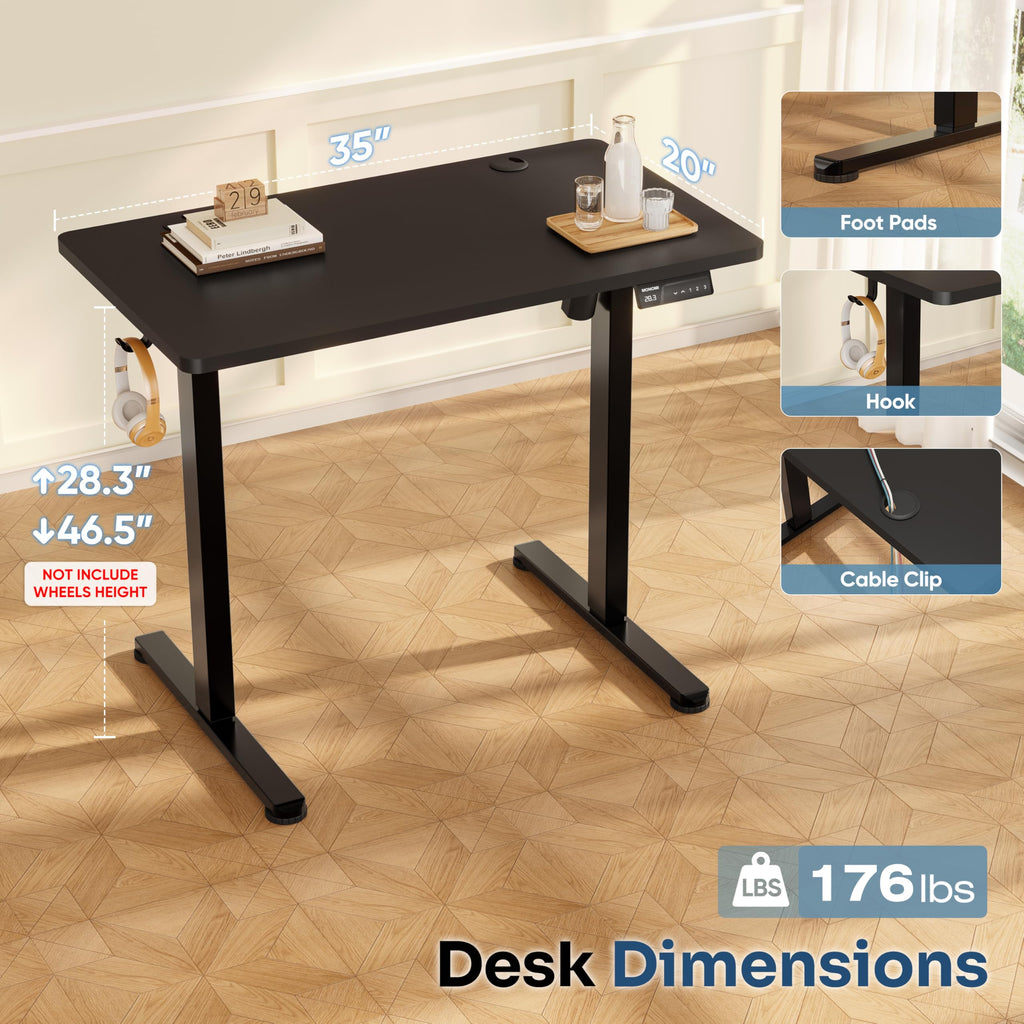 35"x20" Small Electric Standing Desk, Whole Piece Desktop, Black