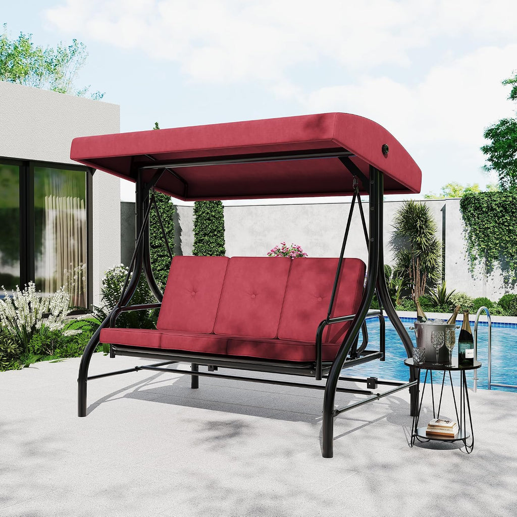 3-Seat Patio Porch Swing with Stand, Convertible Outdoor Swing Bed with Adjustable UV-Resistant Waterproof Canopy