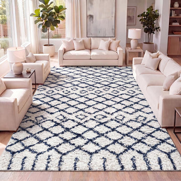 Diamond Shag Beige/Navy Indoor Area Rug, Algaida Moroccan, Easy-Cleaning, High Traffic, Pet-Friendly