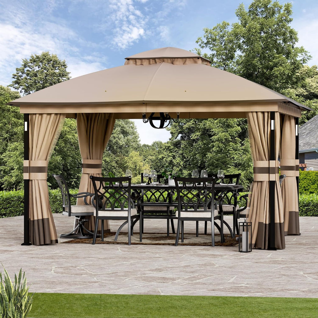 Patio Gazebo 11'x13' with LED Lights & Bluetooth Speaker, Heavy Duty Outdoor Canopy Shelter with Metal Frame - Khaki