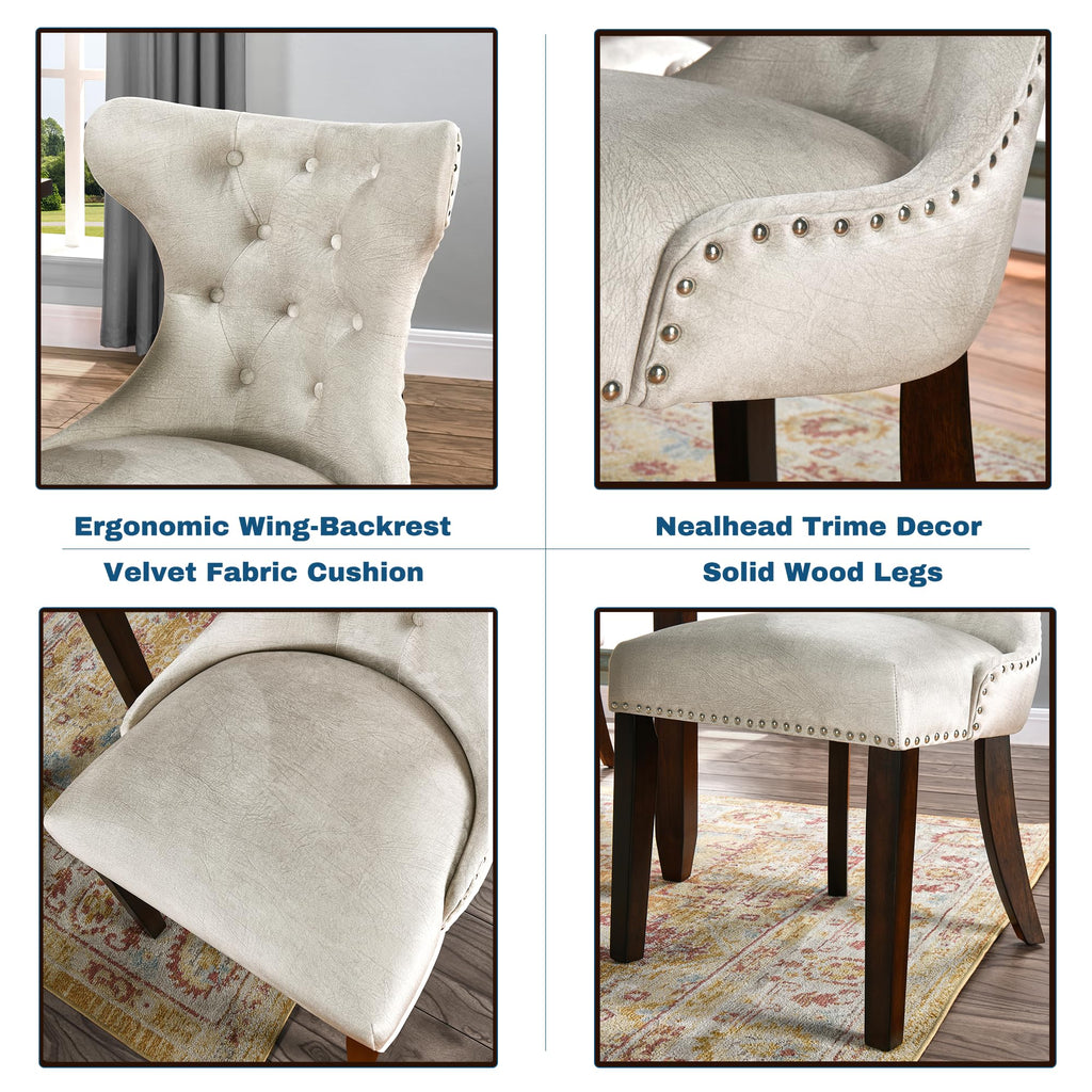 48"D Glass Dining Table Chair Set for 6, Big Dinette Set, Beige