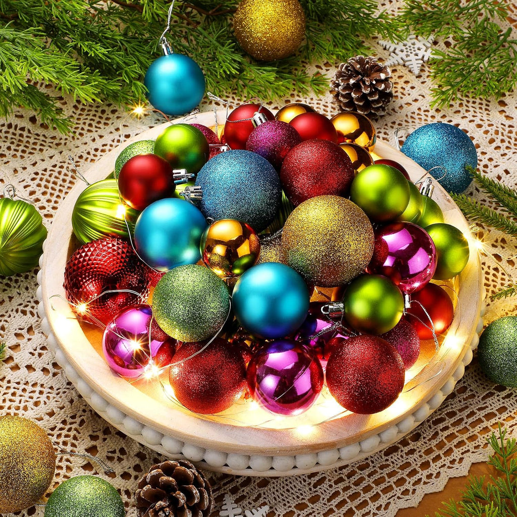 Neon Christmas Ball Ornaments Shiny Bright Multicolor Baubles - Set of 64