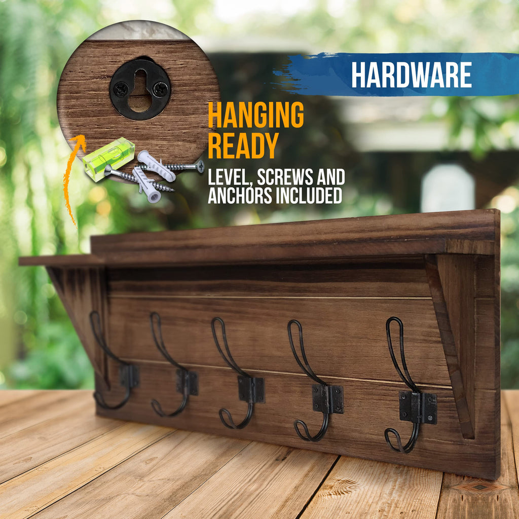 Brown Solid Wood Wall Mounted Coat Rack with Shelf, 5 Hooks, 24" Long - Kitchen, Mudroom, Entryway, Bathroom