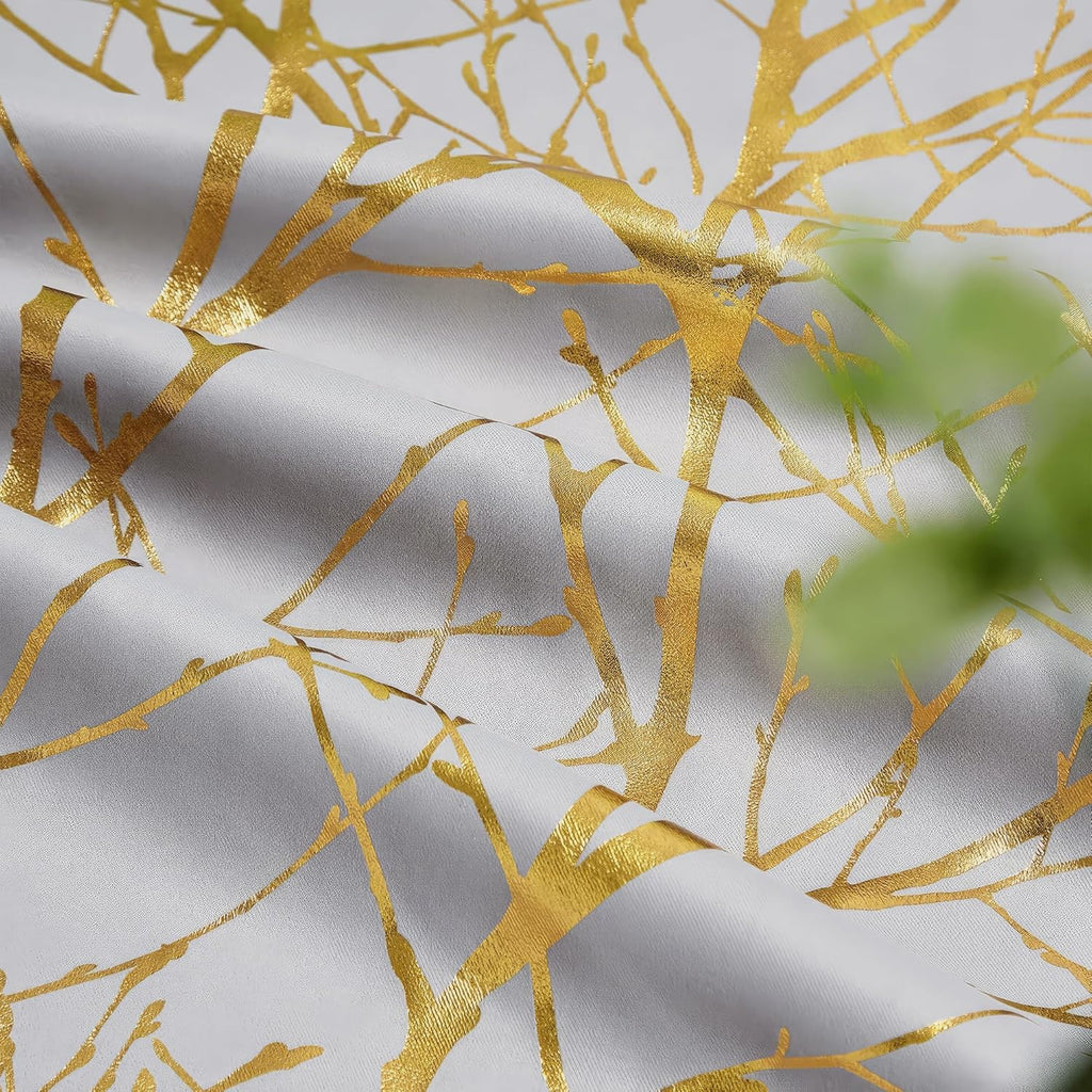 100% Blackout Curtains, Curtains 84 Inches Long Gold on Grey Tree Curtains, Gold Foil Room Darkening Thermal
