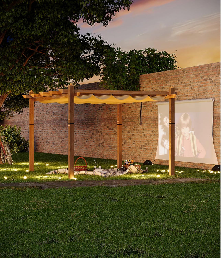 10 x 13 ft Wood-Grain Aluminum Pergola Outdoor Pergola with Retractable Canopy Sun Shade Shelter for Garden