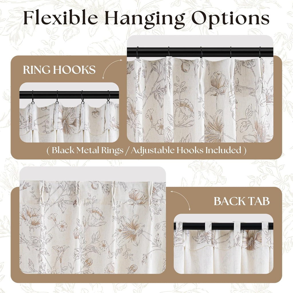 Light Brown Floral Linen Pleated Curtains 84 Inch Long for Bedroom Light Filtering Farmhouse Vintage Peony Lily
