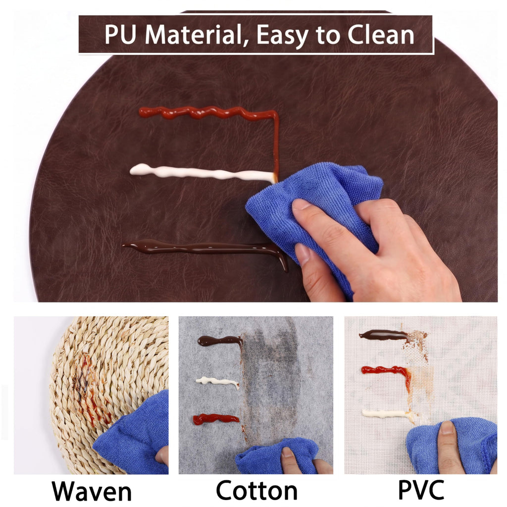 Embossed PU Leather Placemats, Waterproof Coffee Coasters, Kitchen Table Mats, Easy to Wipe Off for Dining Round Table