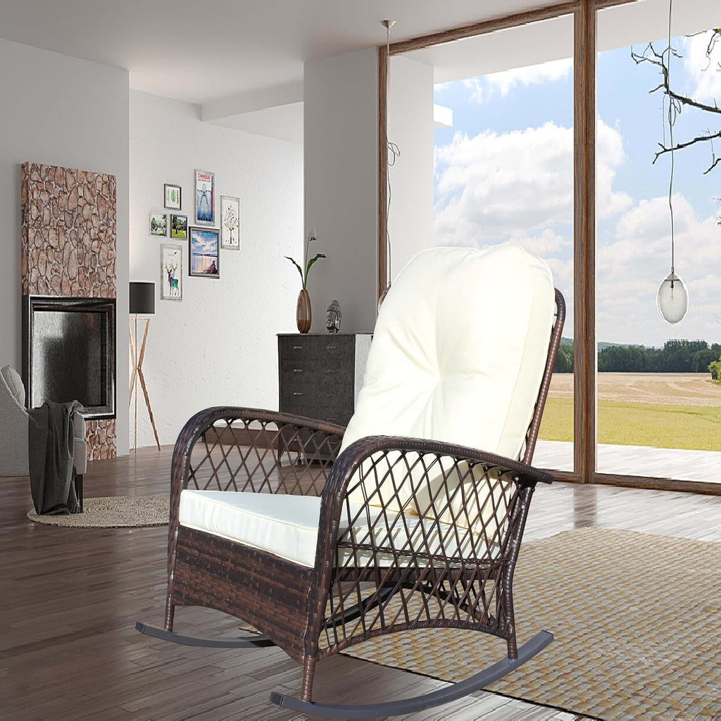 Outdoor Wicker Rocking Chair, Rattan Patio Rocker, Steel Frame | Outdoor Wicker Rocker Chair Cushioned Patio Rocker