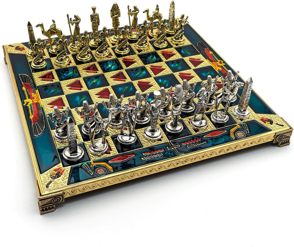 Handmade Egyptian Metal Chess Set in Wooden Box