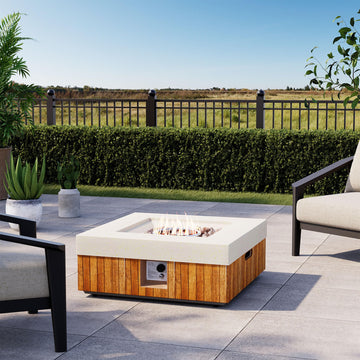 28" Outdoor Fire Pit Table, Small Square Gas Fire Pit Table with Concrete & Log Wood Grain Design, Fire