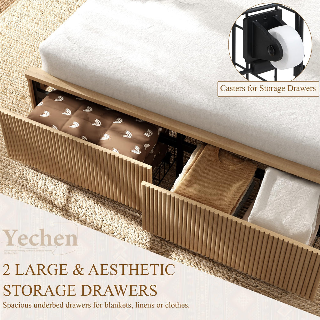 King Bed Frame with 52.4" Tall Headboard, Fluted Bed Frame with 2 Storage Drawers, Modern Arched Reeded Wooden
