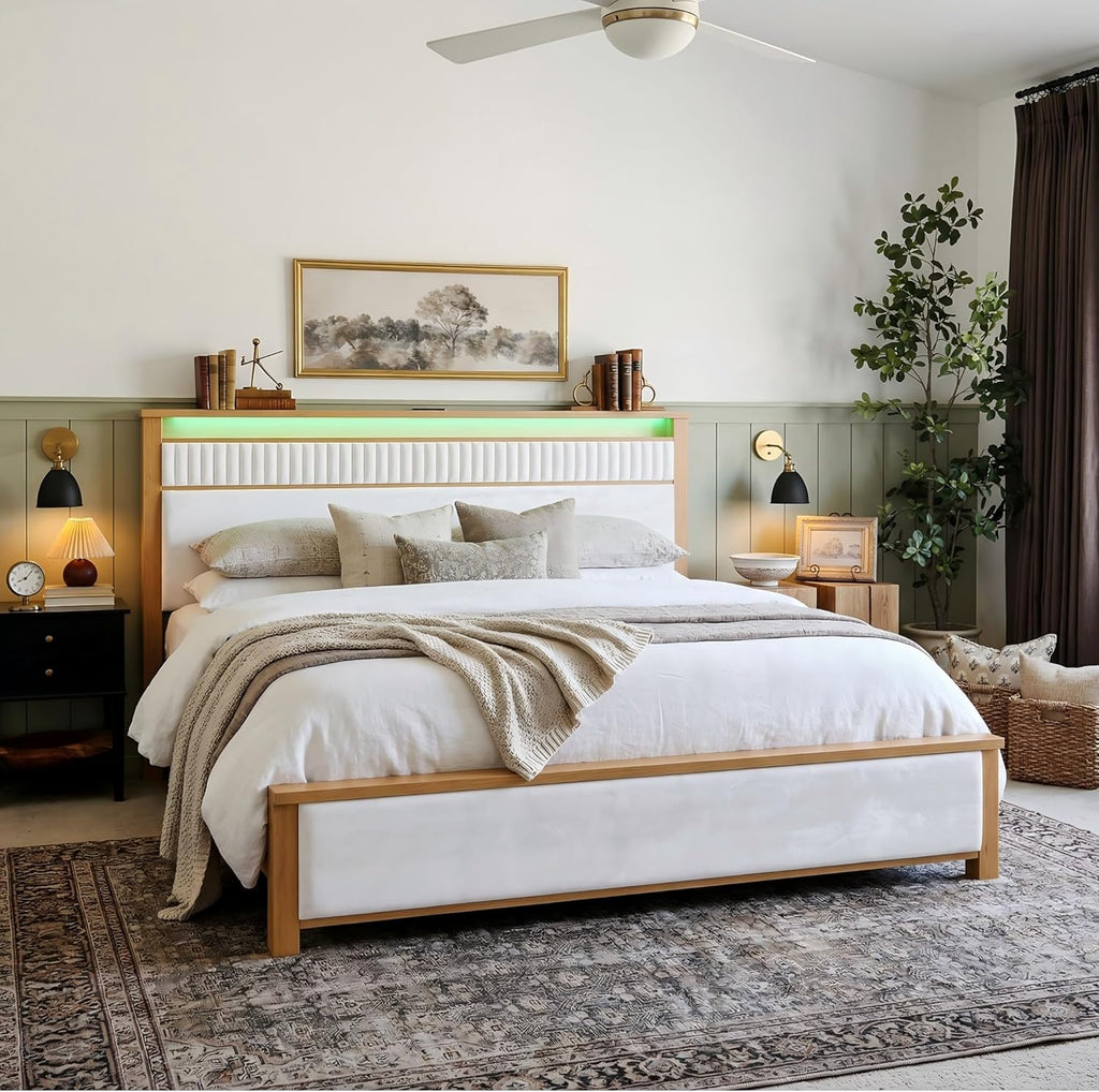 Solid Wood Queen Size Bed Frame with Storage Headboard & LED Lights