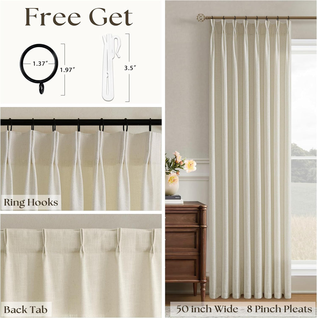 Flax Burlap 90 Inch Pinch Pleated Linen Curtains for Living Room Thick Linen Textured Drapes 90 Inches Long Pinch