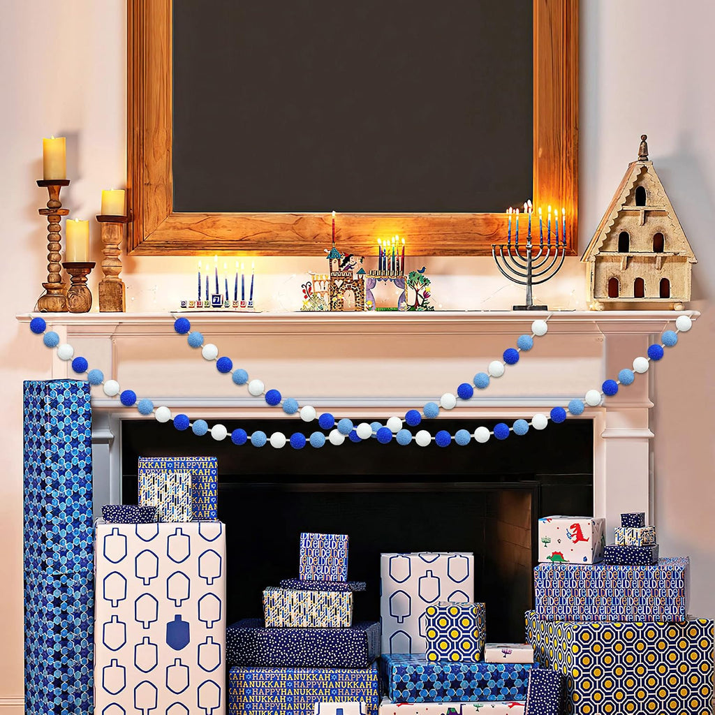 Balls Hanukkah Felt Ball Garlands - Hanukkah Decorations- Chanukah Blue Dark Blue White Pom Pom Garlands Tree - Set of 60