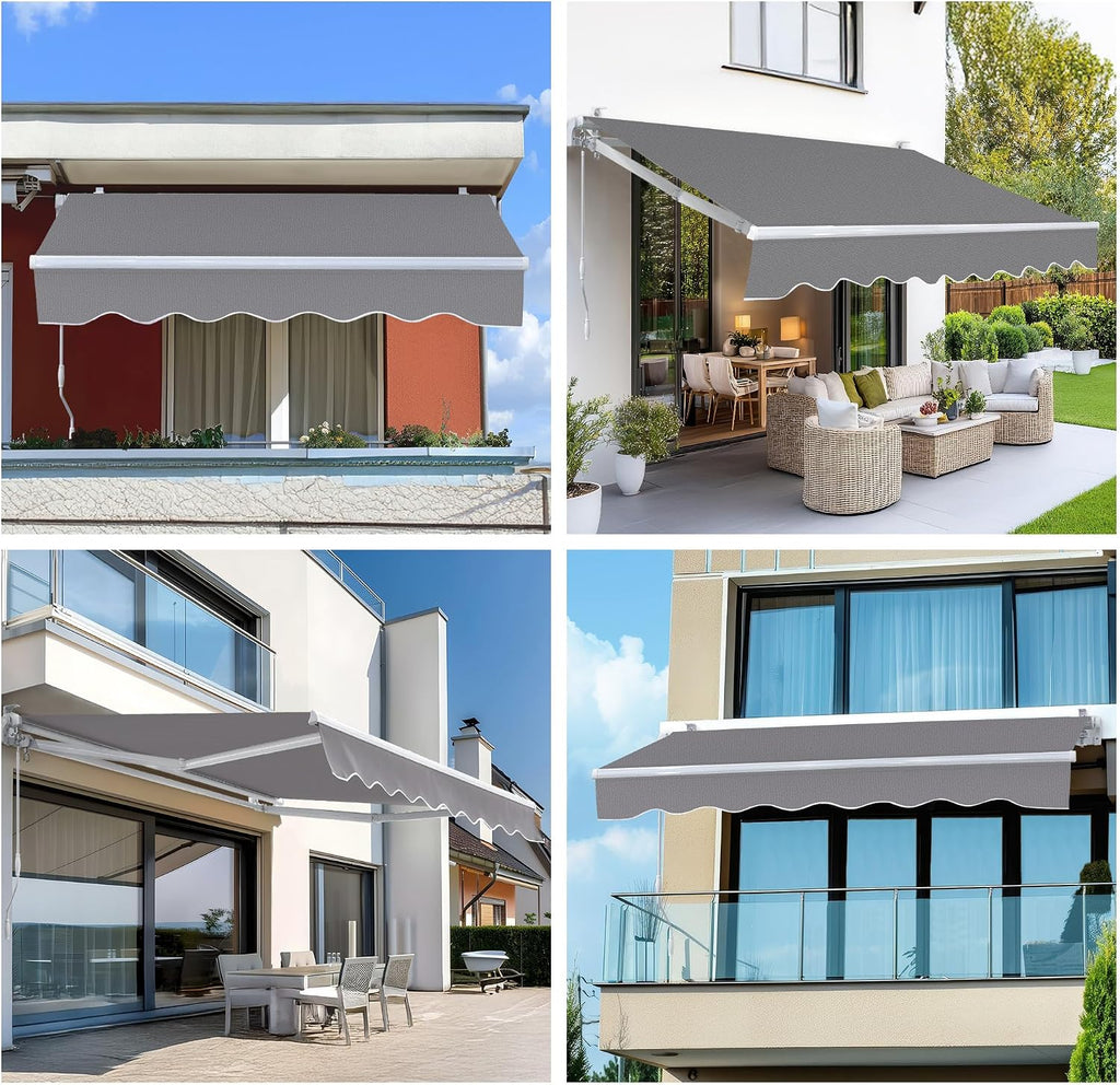 13.1'x9.8' Patio Awning Retractable Fully Assembled, Grey | Manual Sunshade Shelter Outdoor Deck Canopy Balcony