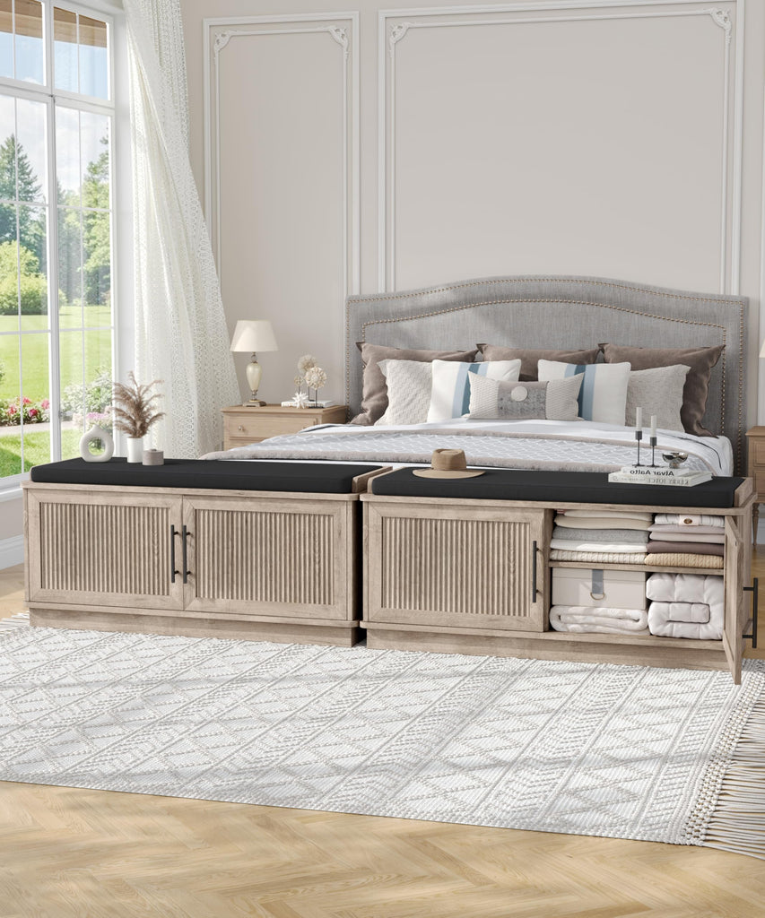 39.4" Fluted Shoe Storage Bench 2 Doors Wooden Entryway Bench Grey