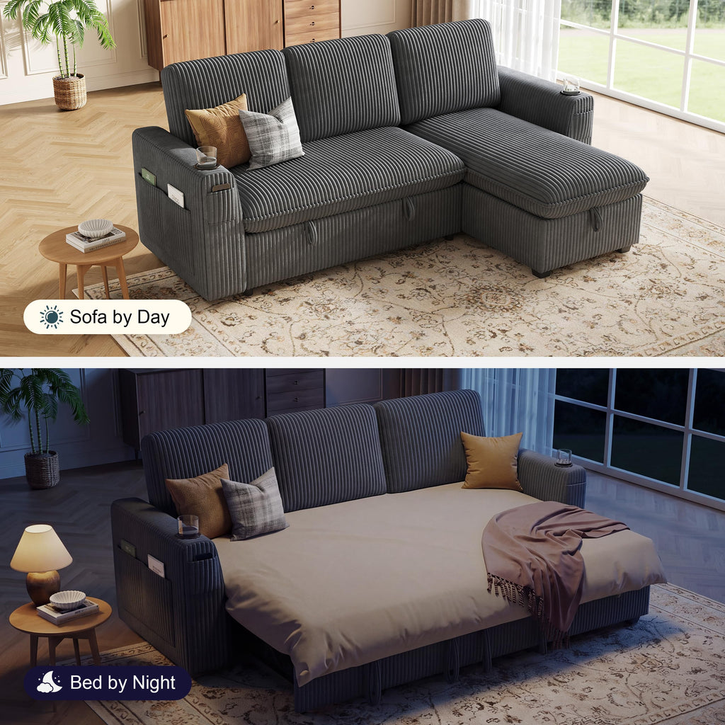 Sectional Sleeper Sofa with Pull Out Bed, Plush Corduroy Sectional Sofa with Storage Chaise and Adjustable Backrest