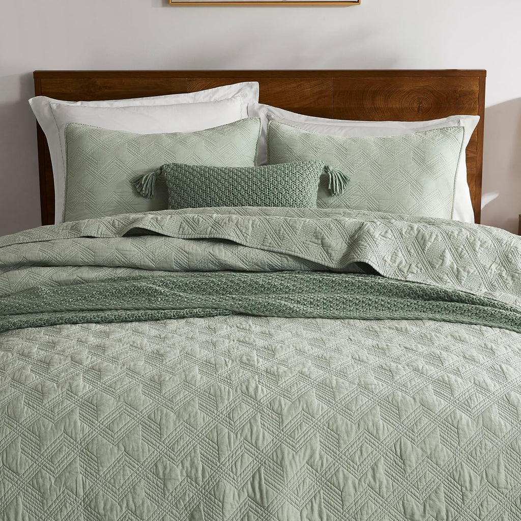 100% Cotton King Quilt Set - Sage Green Pre-Washed Soft Lightweight Modern Bedspread, Farmhouse Country Rustic