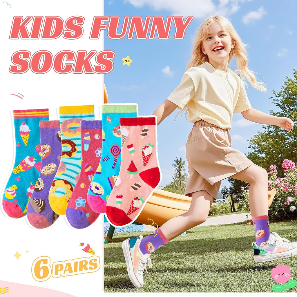 Kids Girls Boys Cotton Crew Socks Funny Crazy Novelty Cartoon Cute Silly Dress Socks 6 Pairs