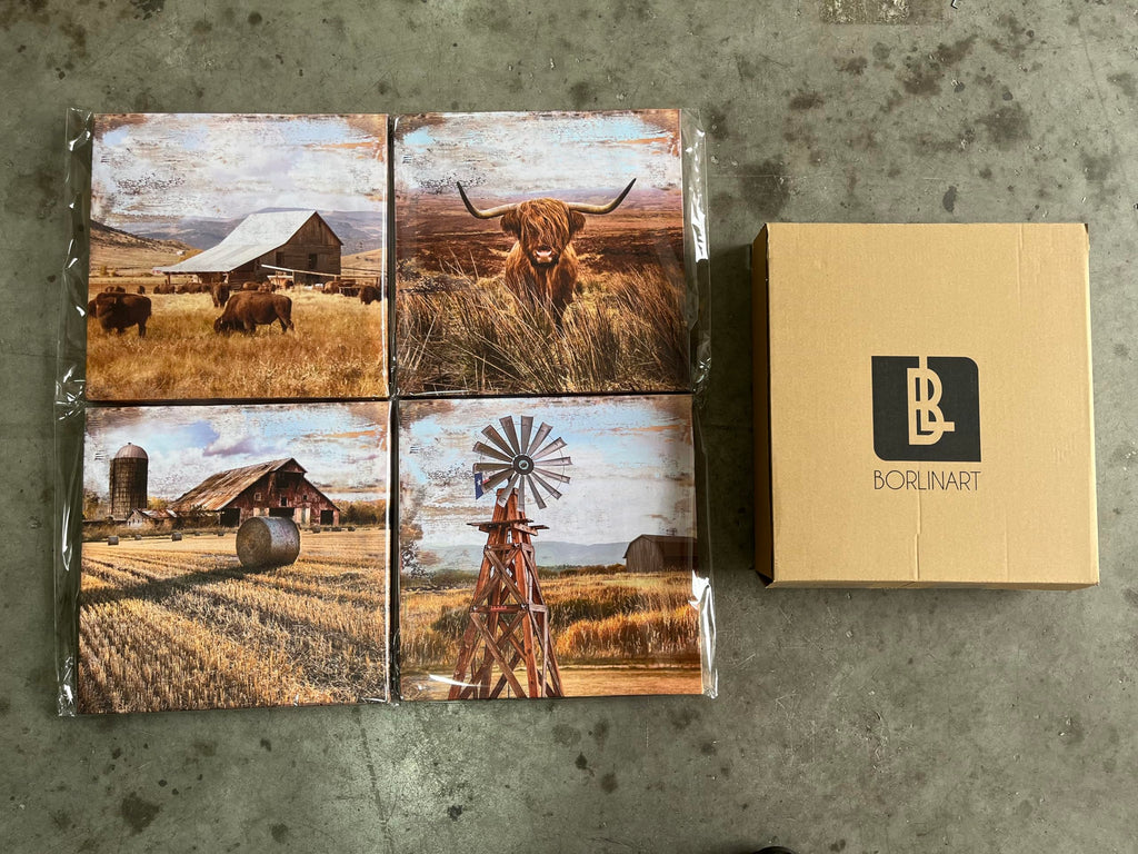 Highland Cow Wall Art Farmhouse Kitchen Decor Western Decor Rustic Windmill Barn Canvas Prints Pictures Retro Country