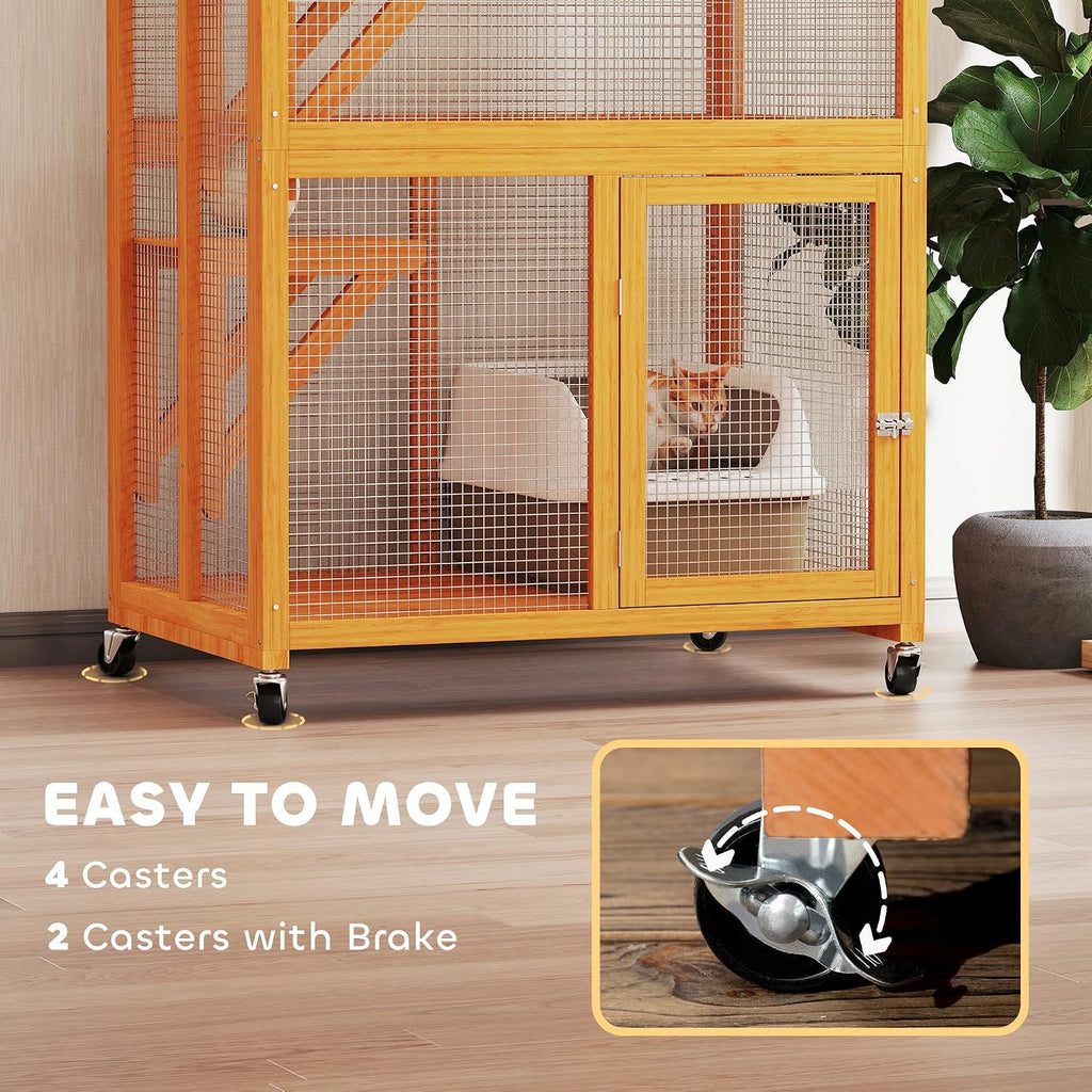 74" Wooden Catio Outdoor Cat Enclosure Weatherproof & Wheeled, Outside Cat House with High Weight Capacity, Kitten