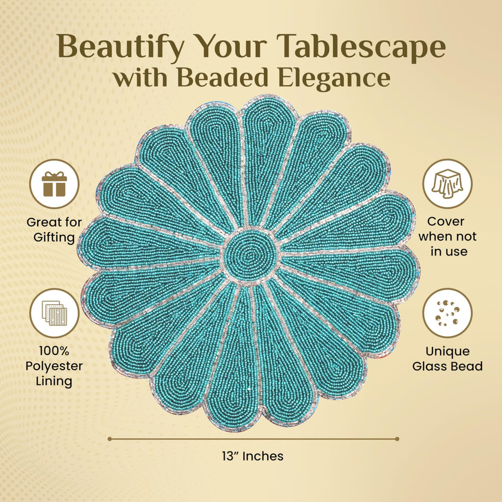 Beaded Placemats 13 Inch, Teal Silver Round Single Pack