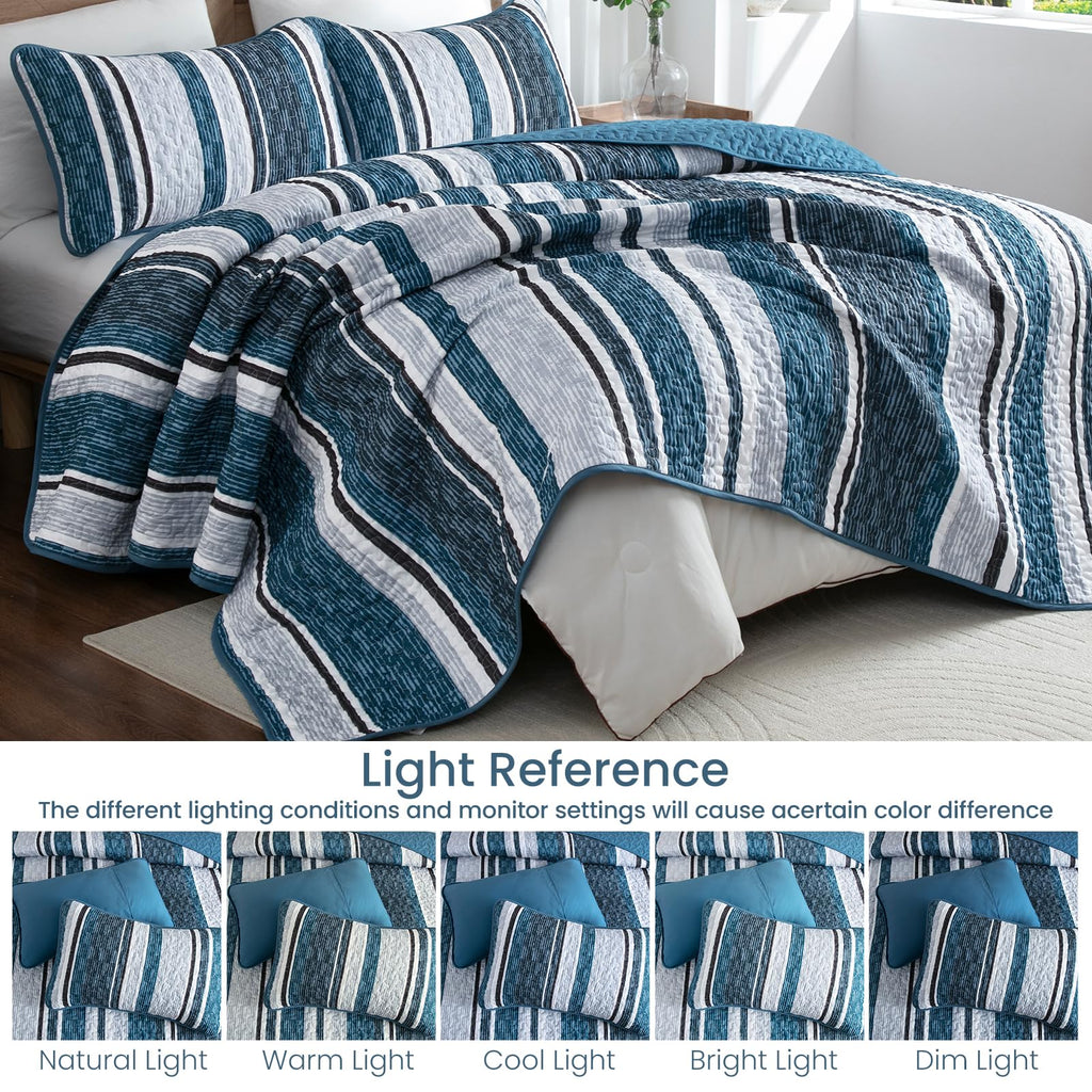 Quilt Set, Boho Striped Bedspread Coverlet Set, Navy Blue