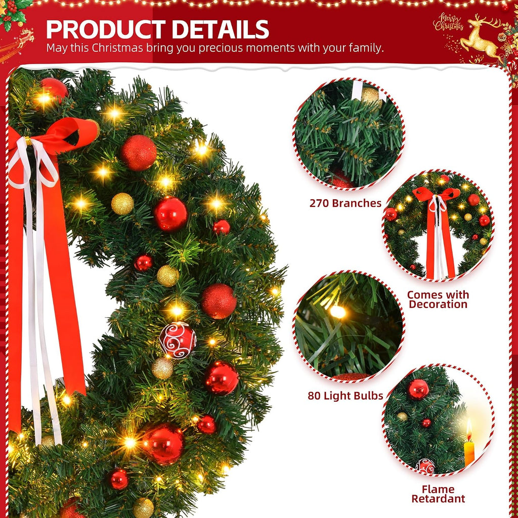 36 in Battery Powered Pre-Lit Christmas Wreath, 80 Warm Lights