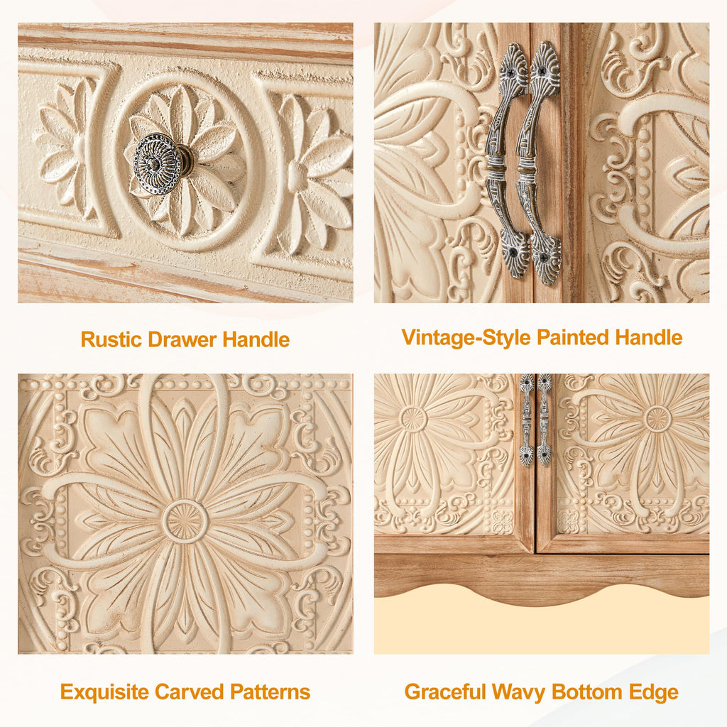 Sideboard Buffet Cabinet, Solid Wood Accent Cabinet with 2 Carved Doors and 2 Drawers, Vintage Credenza, Natural Oak