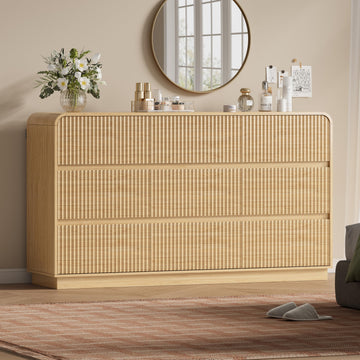 Oak Dresser Fluted 9 Drawers Dresser, 59" Wide Wood Chest of Drawers with Hidden Handles & Rounded Corners, Modern