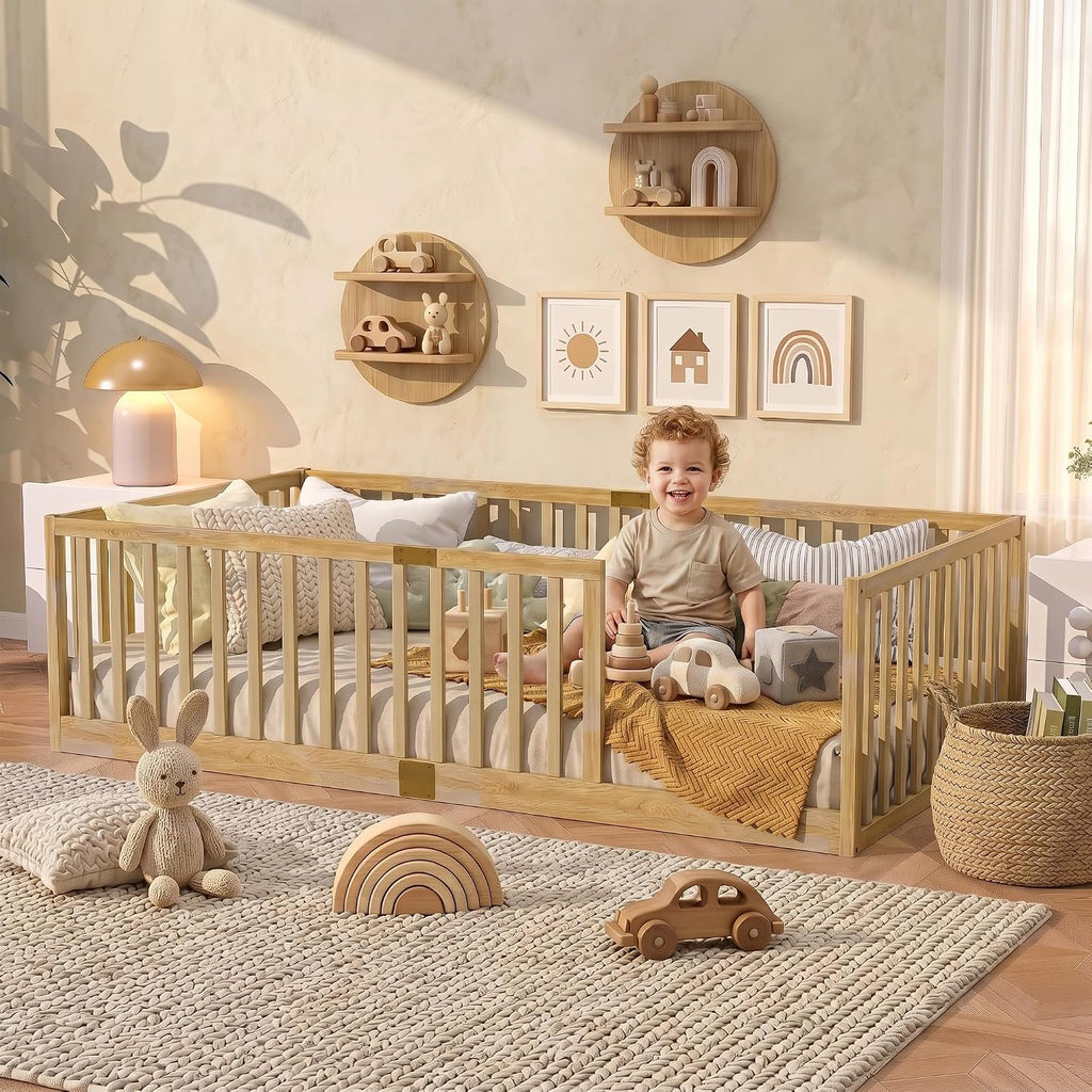 Montessori Floor Bed with High Rails and Slats, Solid Wood Floor Bed Frame with Fence, Low Wooden Kids Beds
